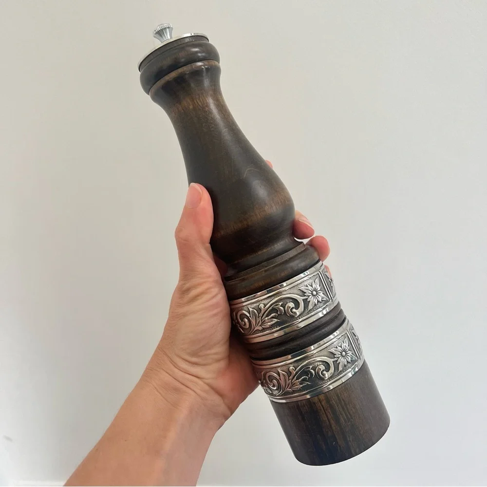 Vintage style Wood Stainless silver tone Pepper Mill Grinder 11”